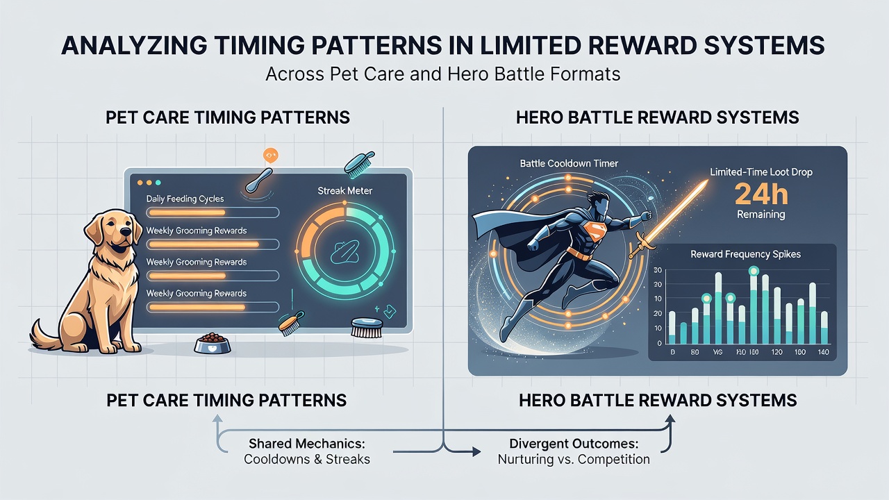 Comparative chart of reward availability timelines between pet care daily cycles and hero battle event banners across a monthly period