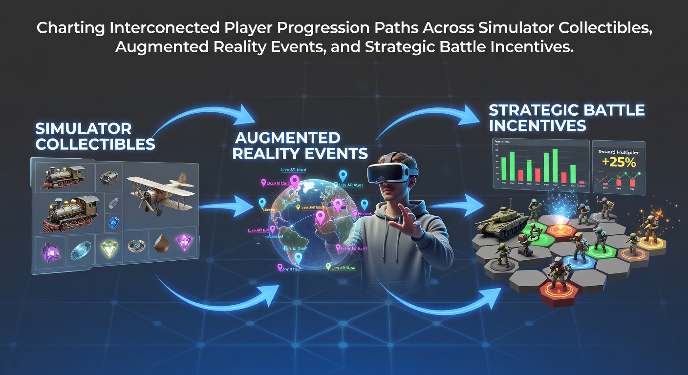 Visual representation of linked player progression across simulator collectibles, augmented reality events, and strategic battle systems