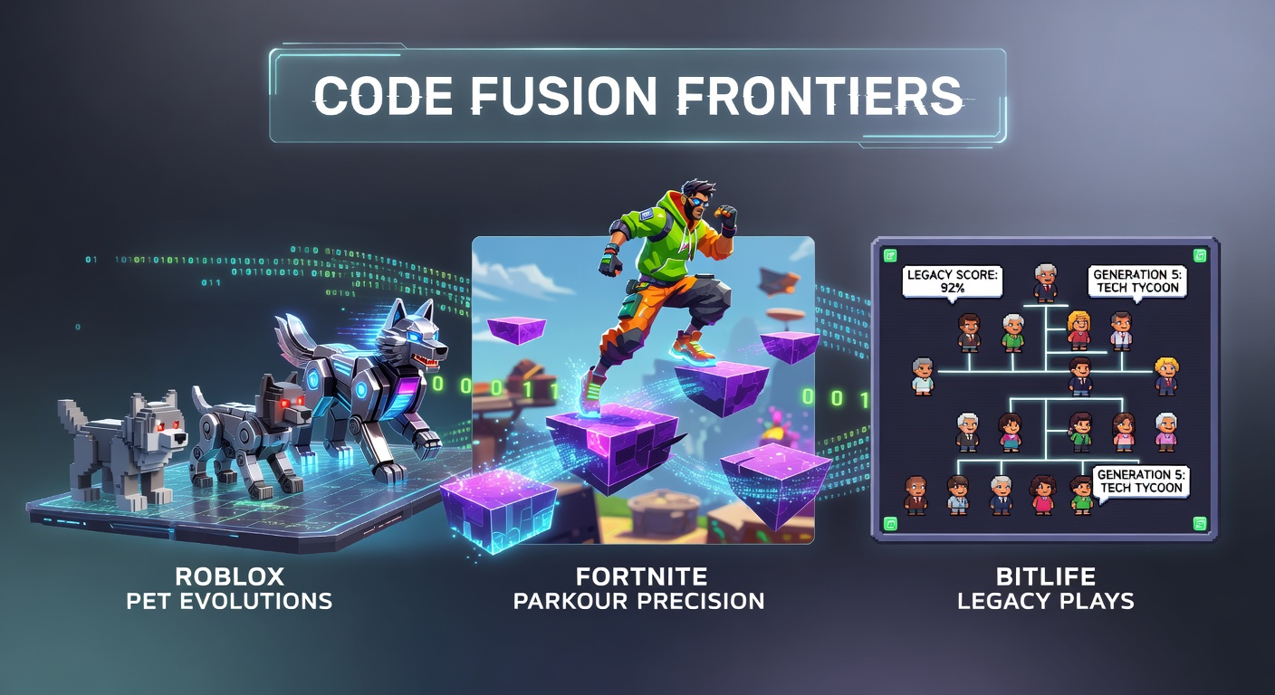 Gamers leaping through Fortnite parkour maps while evolving Roblox pets in a fused gameplay scene