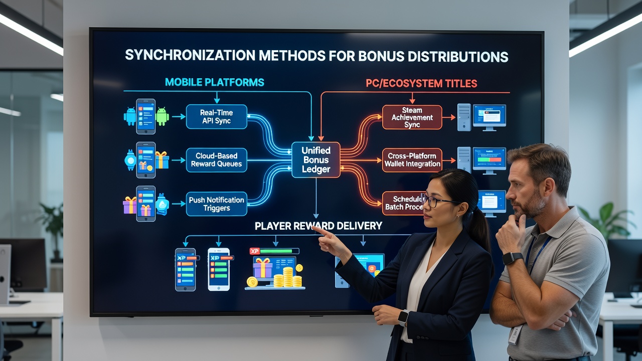Diagram illustrating client-server synchronization processes for bonus rewards across mobile and PC gaming platforms