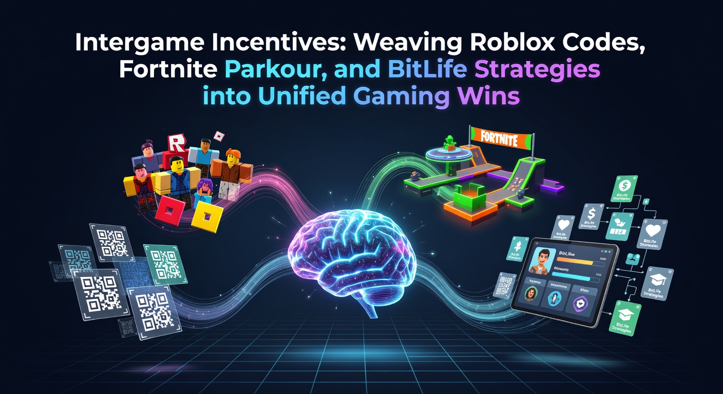 Players navigating a vibrant Roblox obstacle course while redeeming codes in the background, overlaid with Fortnite parkour jumps and BitLife decision trees