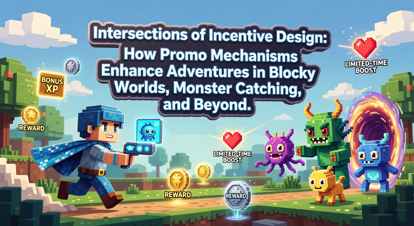 Visual representation of interconnected game worlds showing blocky environments and monster-catching elements with reward pathways