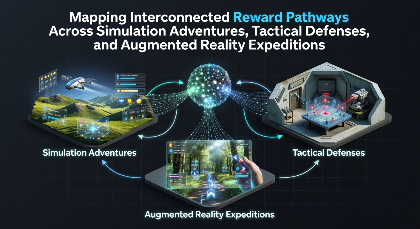 Visual diagram showing interconnected reward systems linking simulation games, tower defense mechanics, and augmented reality exploration paths