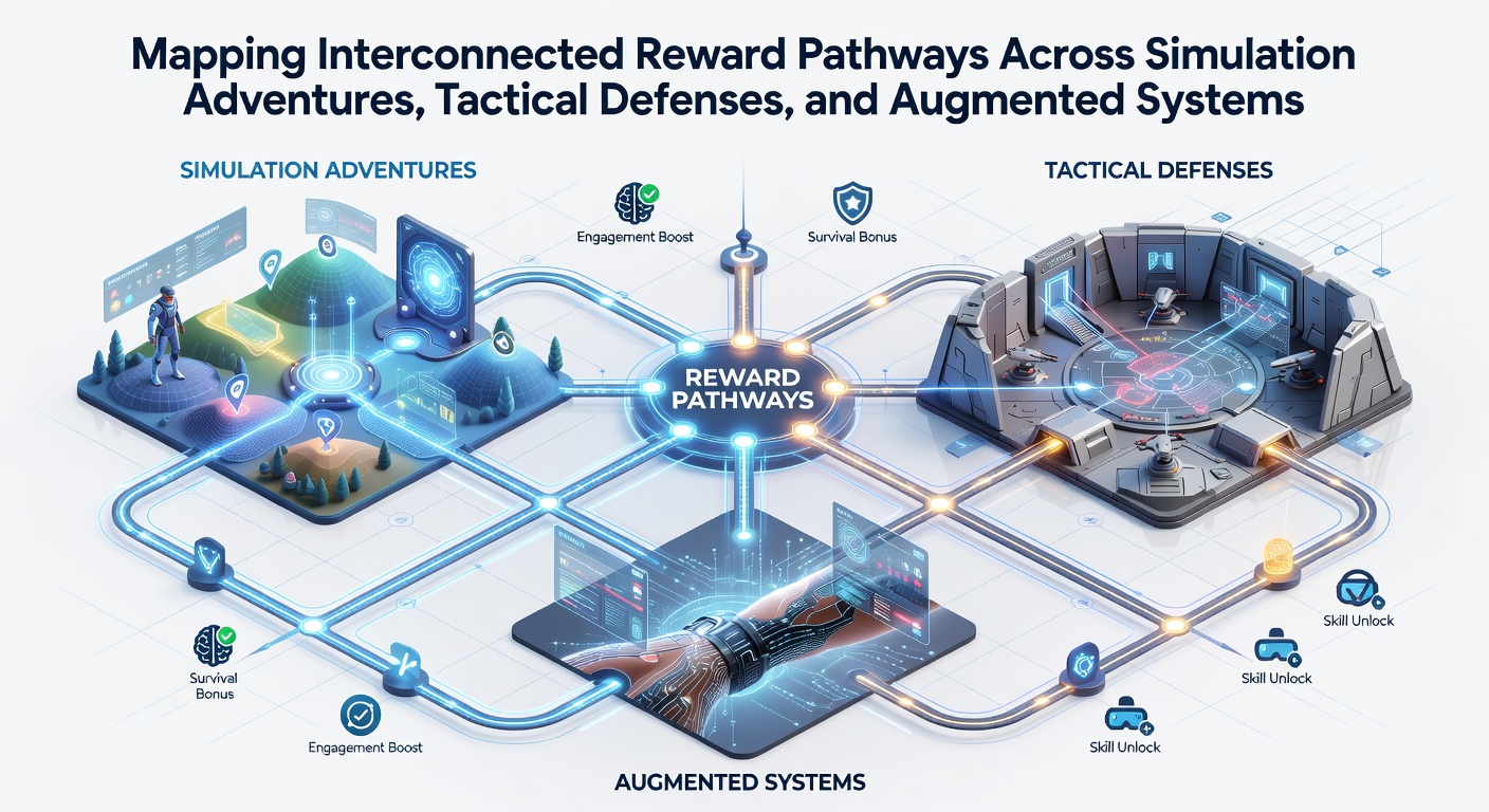 Illustration of reward flow diagrams connecting virtual defense strategies with real-world augmented exploration rewards