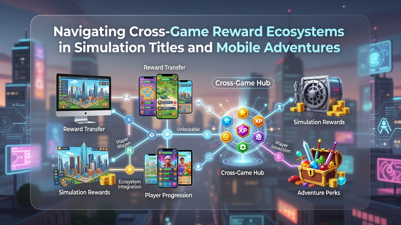 Players engaging with interconnected reward systems across simulation and mobile game interfaces