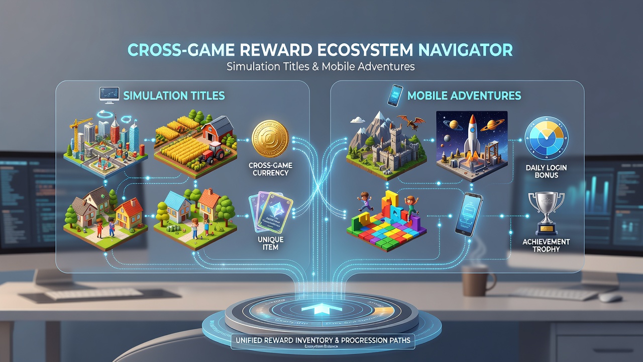 Dashboard view showing cross-game reward balances and transfer options in simulation and adventure titles