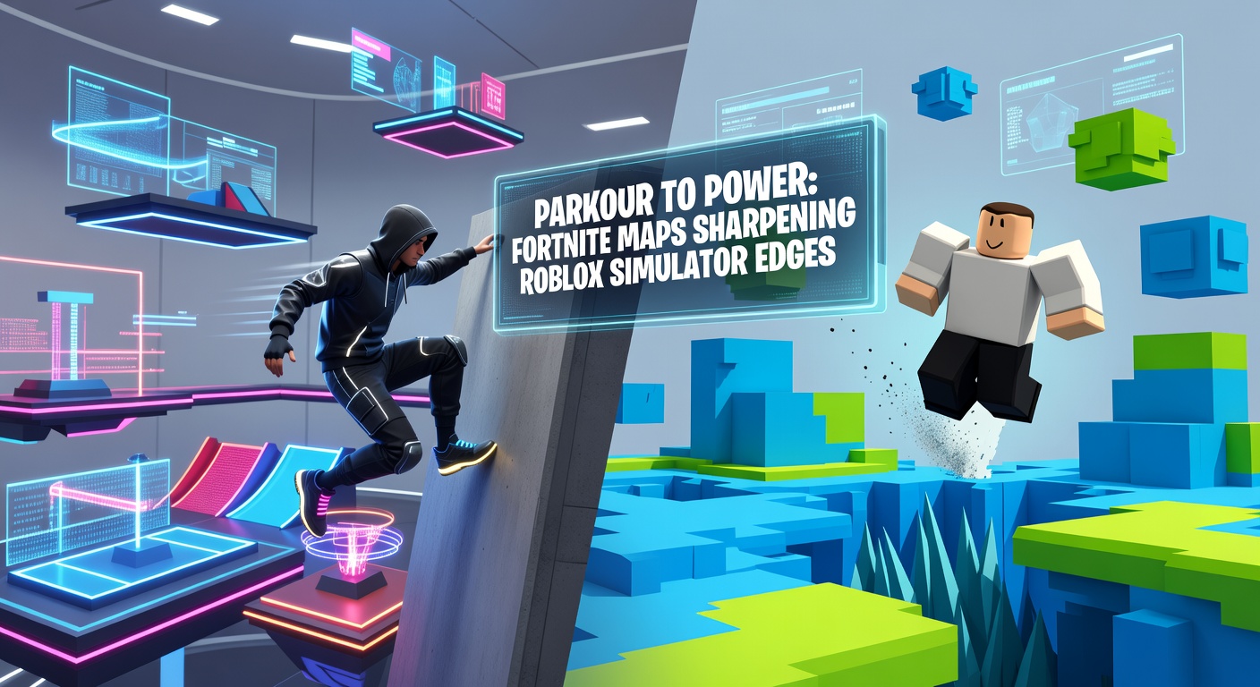 Fortnite player mid-air executing a precise parkour maneuver across floating platforms in a custom map
