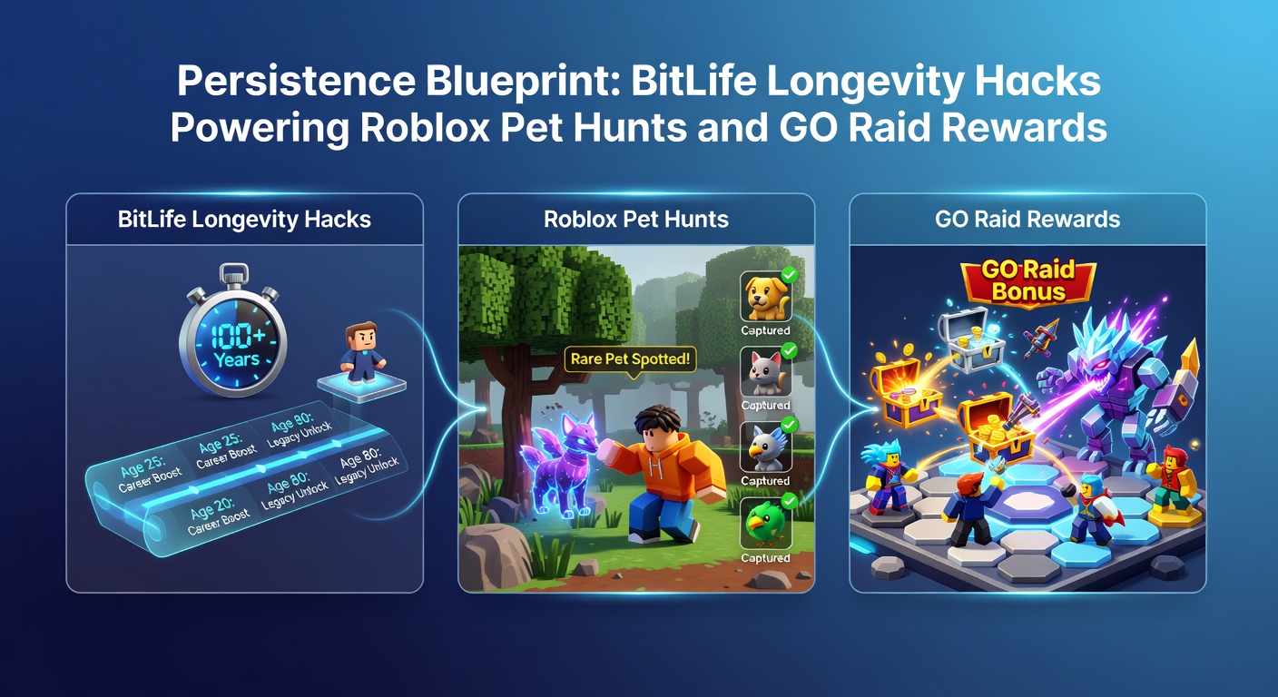 BitLife longevity character thriving alongside Roblox pets and Pokémon GO raid battles, illustrating cross-game persistence strategies
