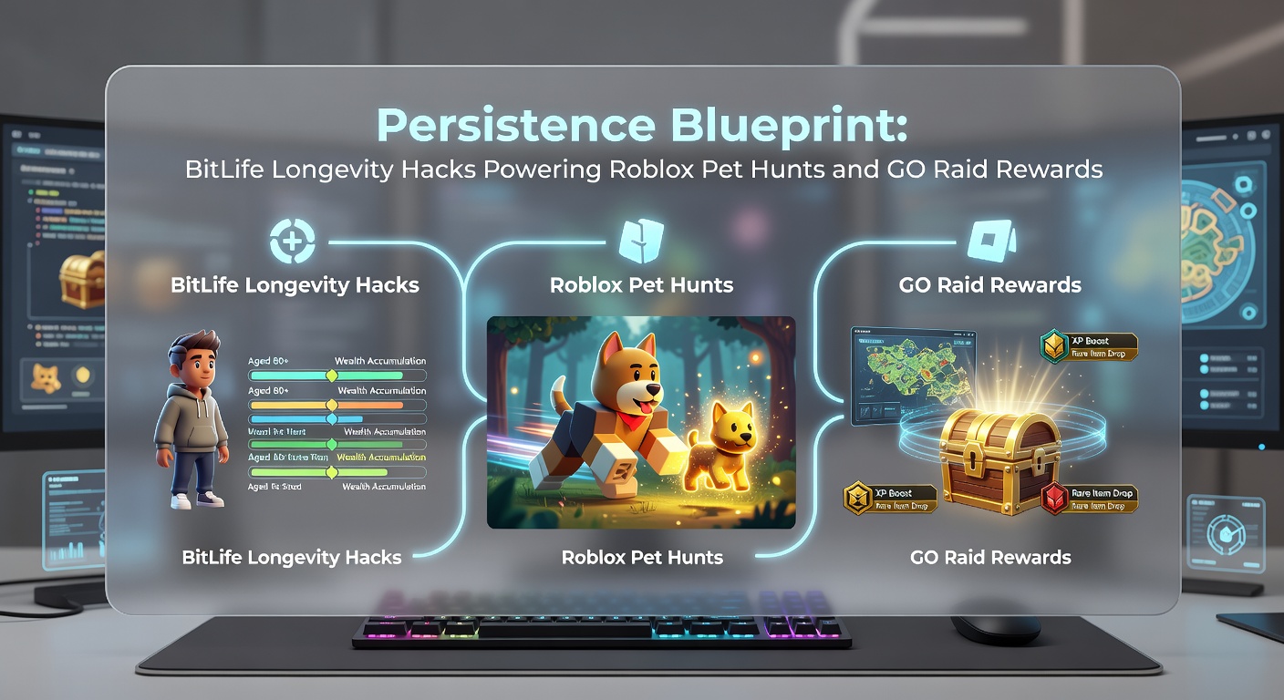 Roblox pet collection frenzy intersecting with Pokémon GO raid teams, highlighting shared persistence tactics from BitLife simulations