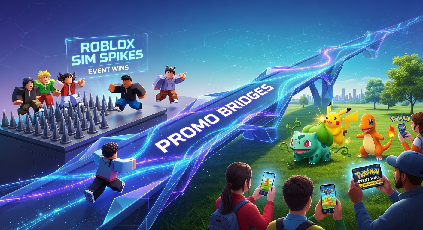 Vibrant crossover of Roblox simulator gameplay merging with Pokemon GO event raids, showing reward spikes and rare catches