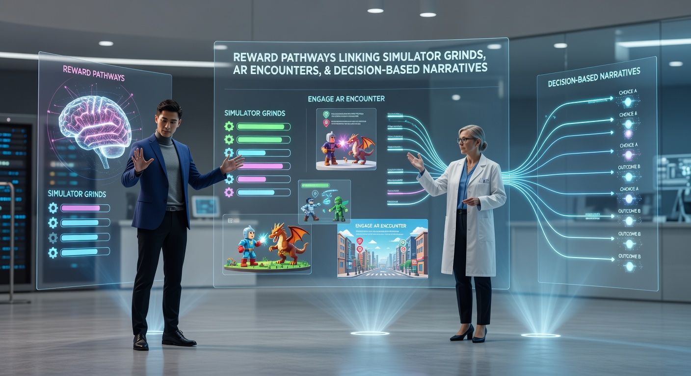 Visual representation of reward pathways connecting simulator grinds with AR encounters and narrative choices in modern gaming environments