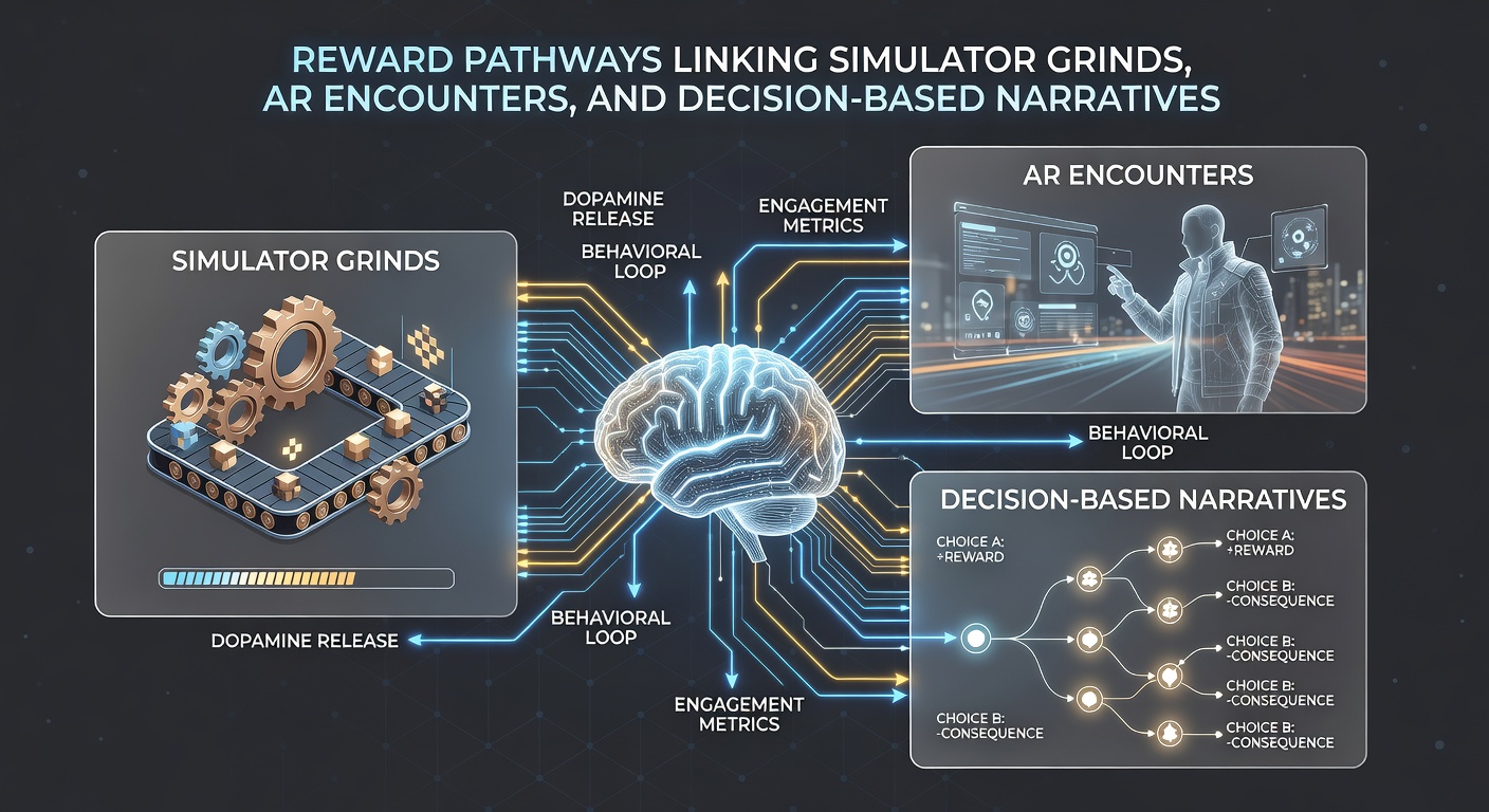 Diagram illustrating connections between repetitive simulation tasks, location-based AR challenges, and interactive story outcomes