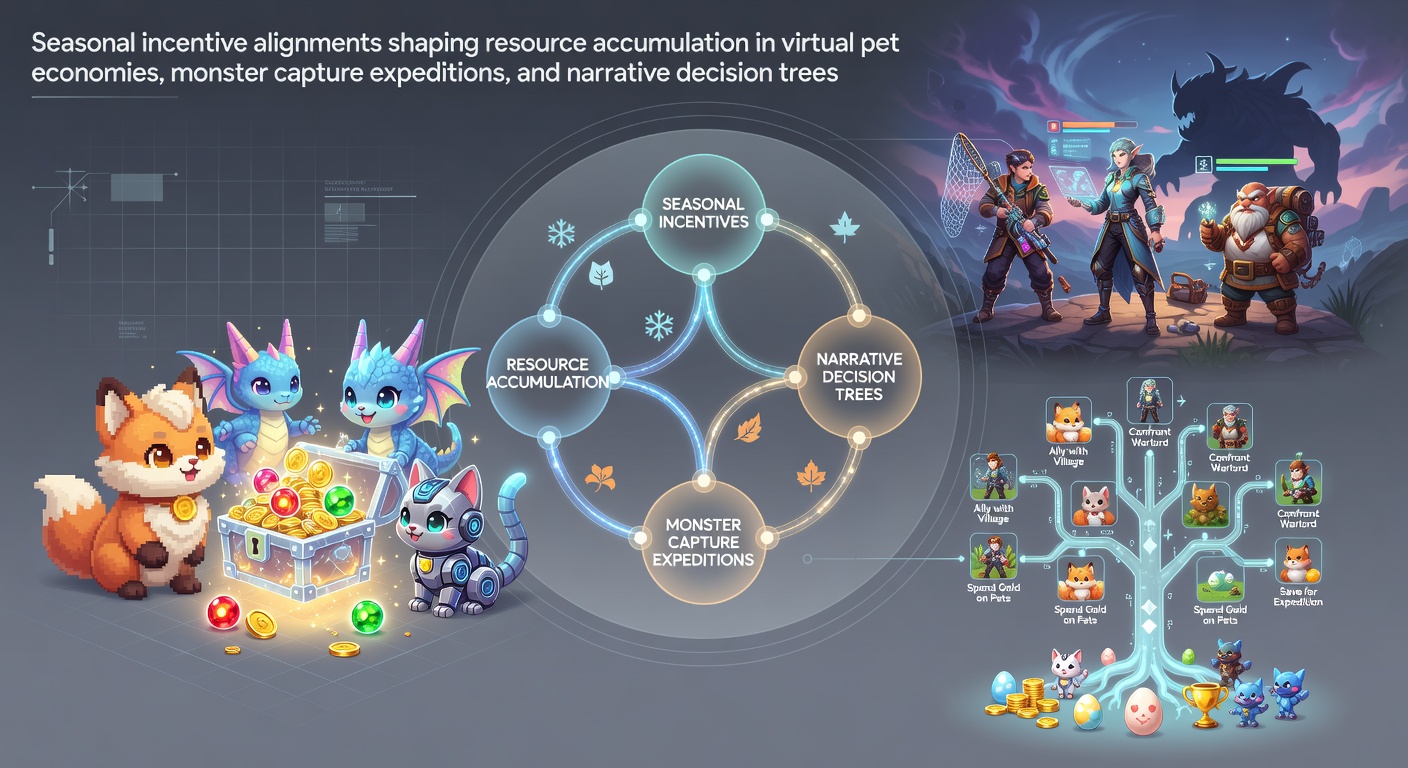 Seasonal events align incentives across virtual pet economies, monster capture expeditions, and narrative decision trees in digital games