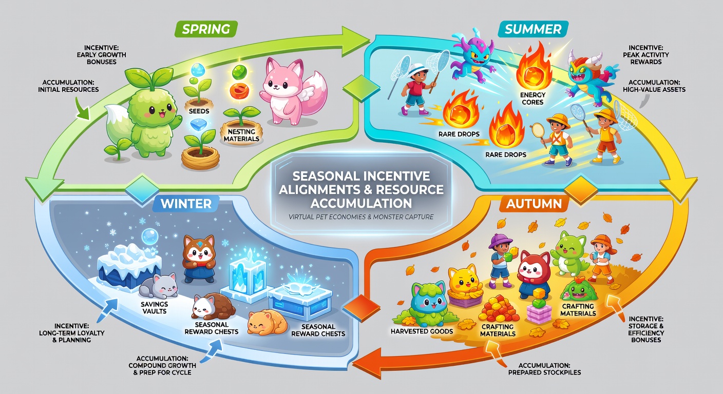 Resource accumulation patterns shift when seasonal incentives align across pet simulations, capture expeditions, and story decision systems