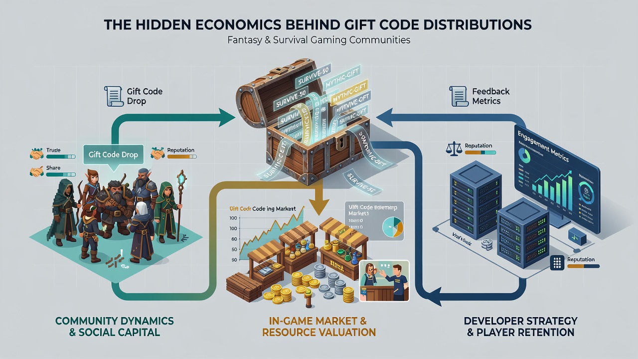 Detailed chart of virtual economy interactions including code redemptions, player trading volumes, and revenue correlations in survival titles