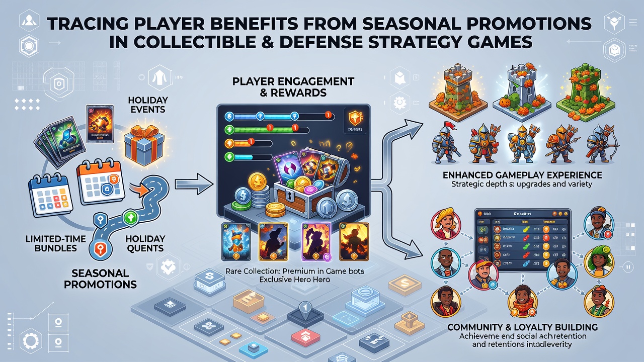 In-game dashboard displaying seasonal promotion rewards including collectible units, defense upgrades, and progress meters in strategy games