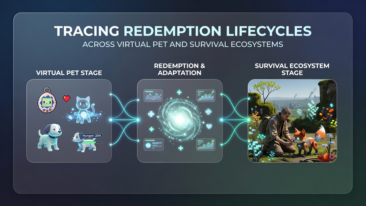 Overview of redemption interfaces connecting virtual pet systems with survival resource tracking in digital ecosystems