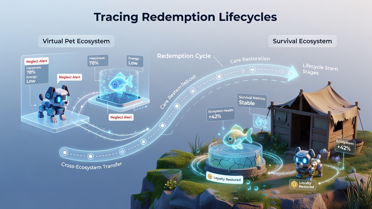 Detailed view of lifecycle stages showing code flow from issuance to archival in combined pet and survival game environments