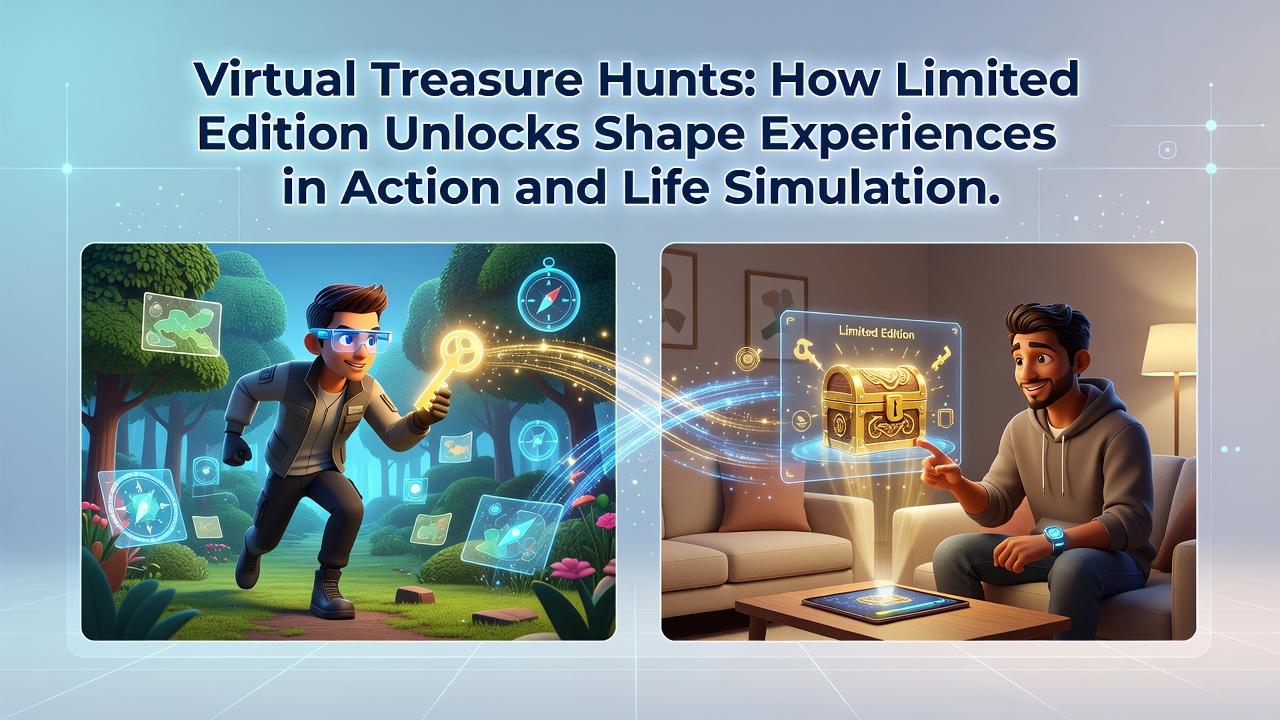 Life simulation game scene with players discovering limited edition unlock items during a treasure hunt event